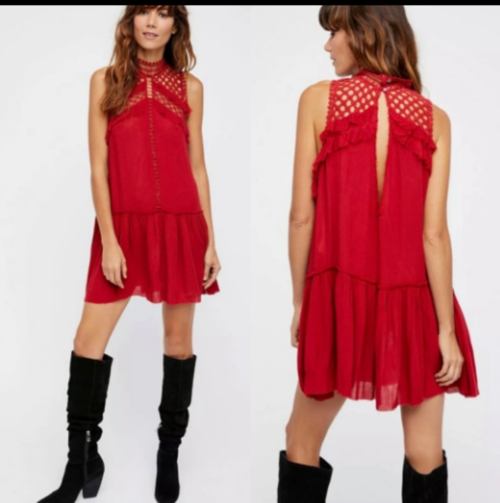 Free People Red Cut Out Ruffled Mini Dress